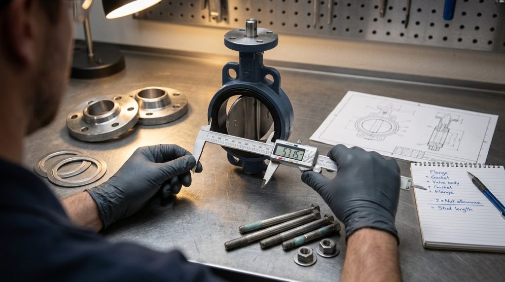Stud bolt length stack-up measurement for a Class 300 butterfly valve joint including flange, gasket, valve body and nut