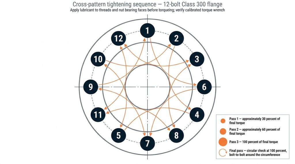 Cross-pattern bolt tightening sequence diagram for a Class 300 flanged butterfly valve joint