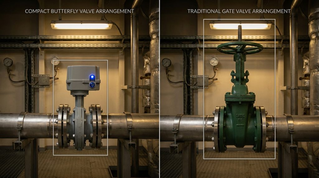 Comparison of a compact marine electric butterfly valve installation and a larger traditional gate valve arrangement in shipboard piping space.