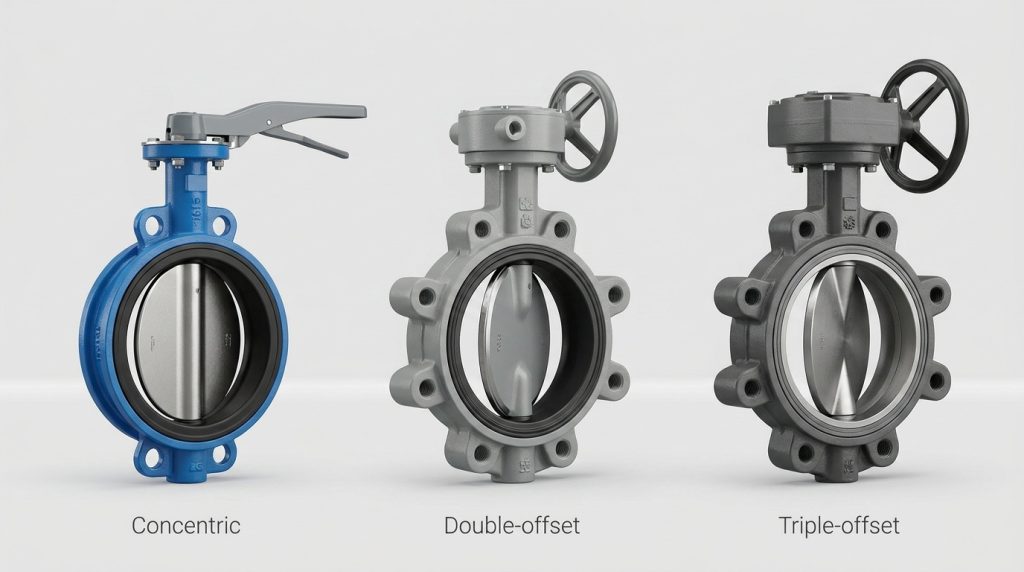 Three butterfly valve types side by side including concentric resilient-seated, double-offset, and triple-offset designs for pressure drop and service comparison.