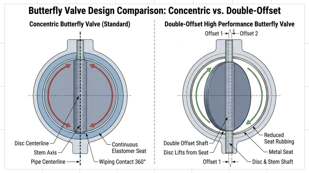 Technical diagram comparing a concentric butterfly valve disc centered in an elastomer seat with a double-offset high performance butterfly valve disc moving away from the seat.