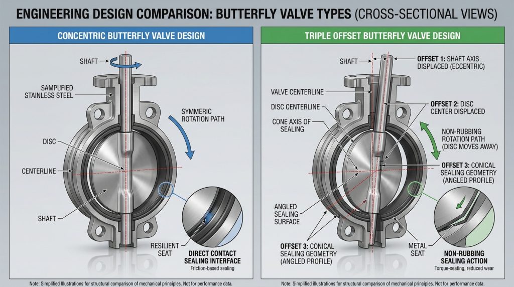 Comparison chart showing structural differences between concentric and triple offset butterfly valve designs and their impact on flow control behavior.
