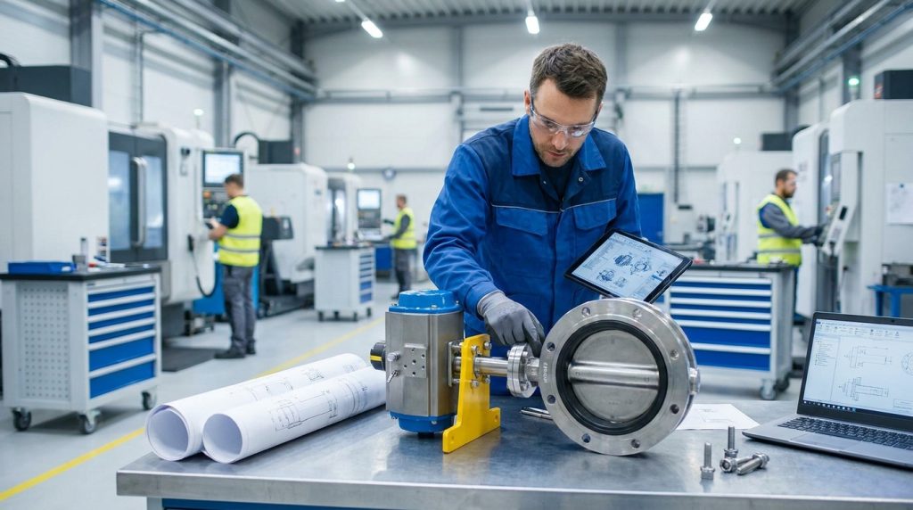 Engineer reviewing a custom butterfly valve assembly with actuator components and industrial piping drawings in a manufacturing environment.