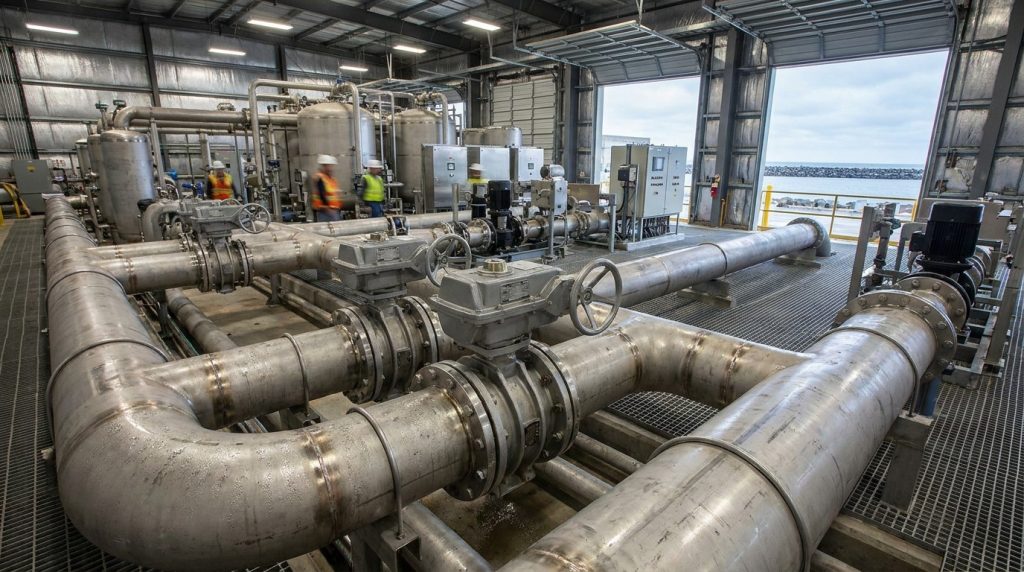 Photorealistic desalination facility showing corrosion-resistant butterfly valves installed in a seawater processing pipeline environment.
