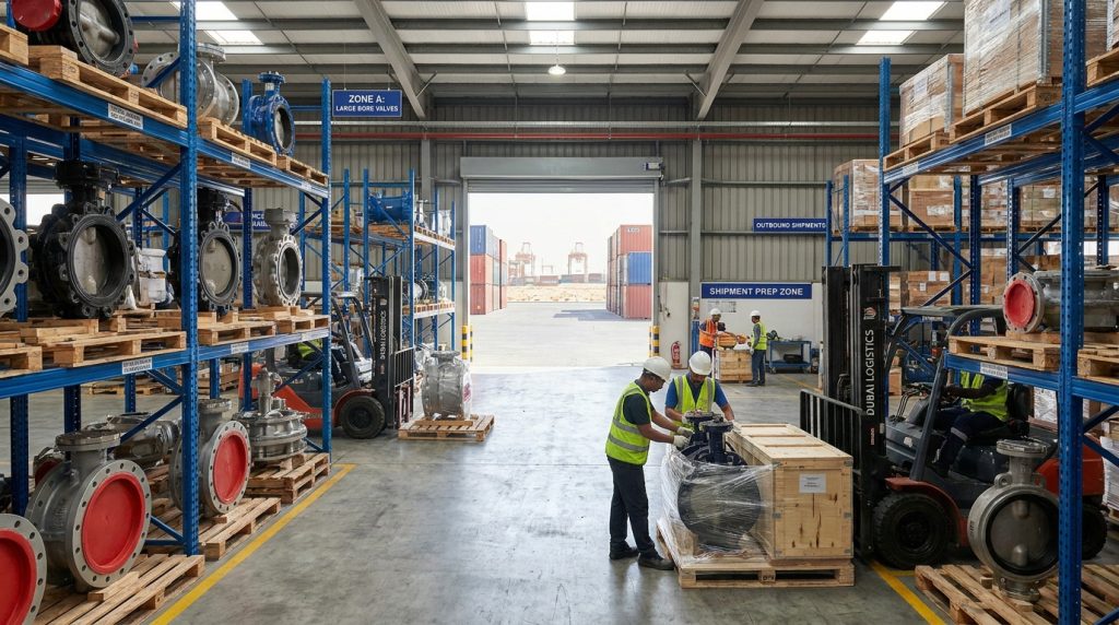 Industrial logistics hub in Dubai showing butterfly valves stored and prepared for shipment near a port and warehouse facility.

