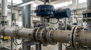 An eccentric butterfly valve installed in an industrial process pipeline, with the valve body, actuator, flanged connections, and surrounding chemical processing environment clearly visible in a realistic operating setting.