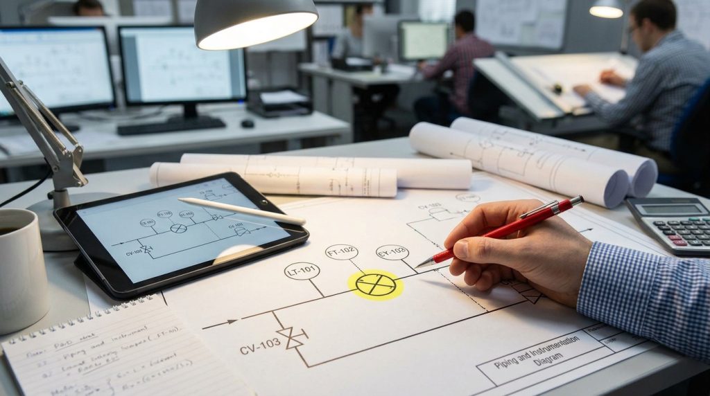 Engineer reviewing a P&ID drawing with the butterfly valve symbol highlighted among pipeline and instrumentation marks on a technical schematic.