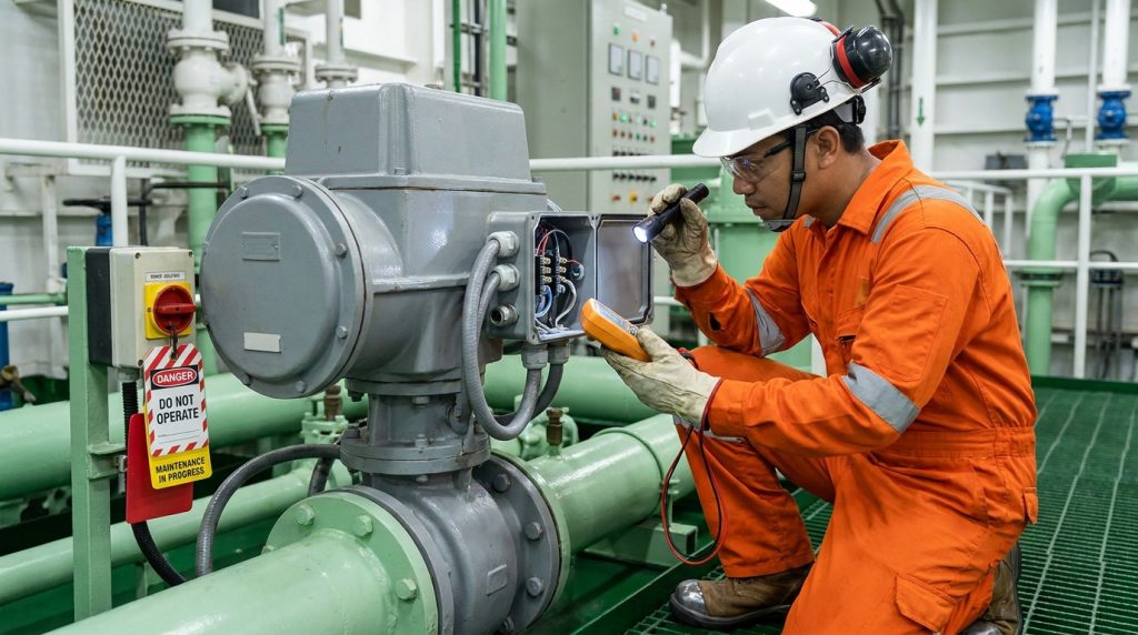 Technician inspecting an explosion-proof marine electric butterfly valve actuator and checking electrical connections during maintenance.