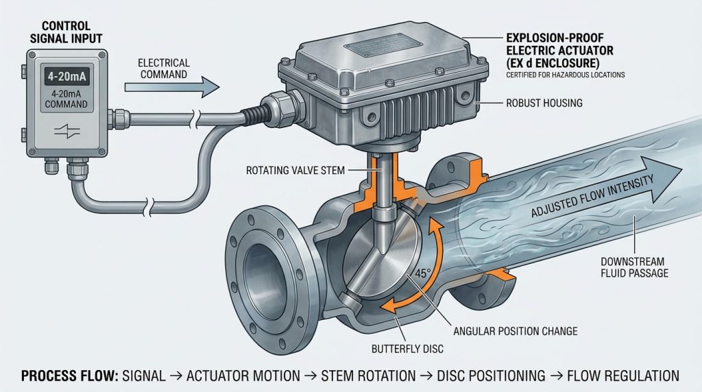 Explosion-proof electric butterfly valve operating sequence from control signal to actuator rotation and fluid flow adjustment.