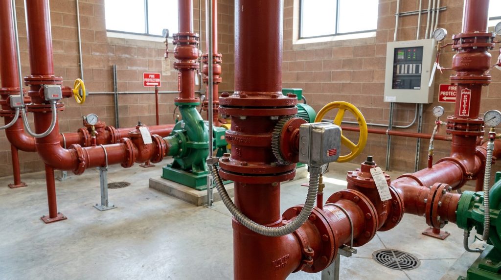 fire pump and sprinkler riser room with supervised butterfly valves installed at key control points