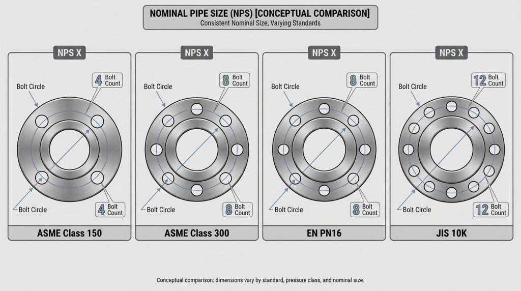 Comparison of different flange standards showing that similar pipe sizes can have different bolt patterns.