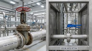 Gate vs butterfly valve selection comparison showing industrial pipeline systems with a heavy-duty gate valve and a compact butterfly valve in realistic plant environments