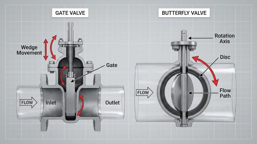 Gate valve and butterfly valve internal operating mechanisms comparison showing linear wedge movement and 90-degree rotating disc operation