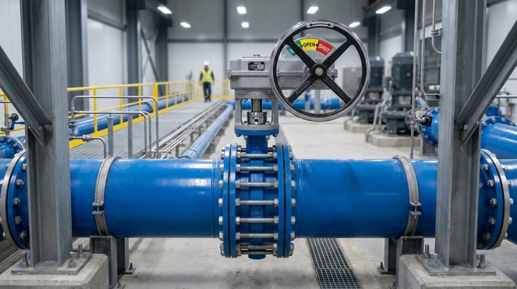 Gear-operated butterfly valve with handwheel and visible position indicator on a larger pipeline