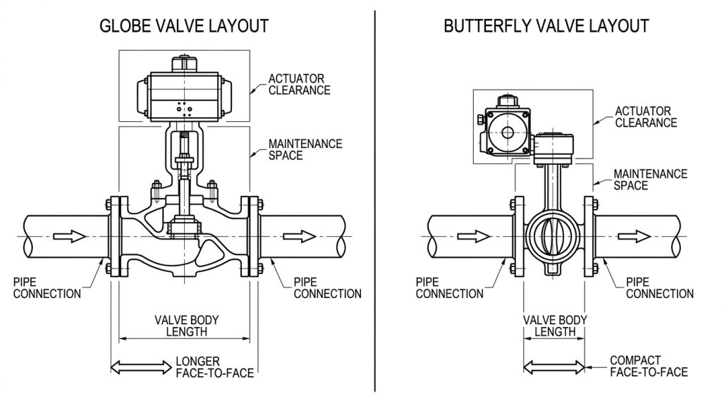 Globe valve and butterfly valve installation layouts showing different body lengths, piping connections, actuator positions, and required clearance around industrial piping systems
