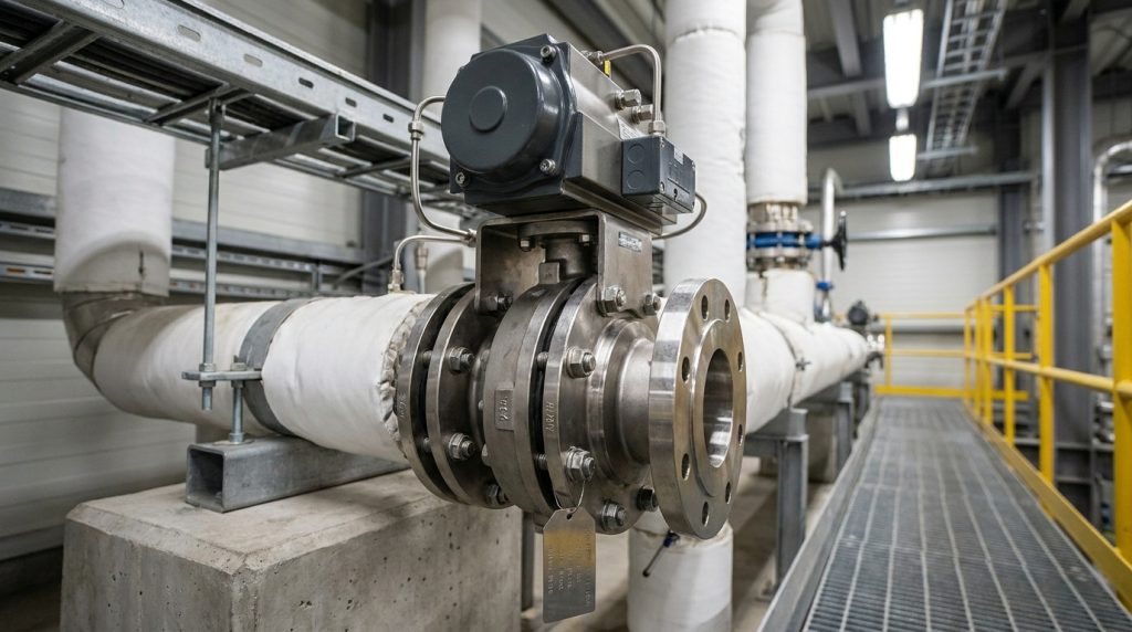 High performance butterfly valve installed on an industrial process line with insulated piping, actuator, and controlled maintenance access.