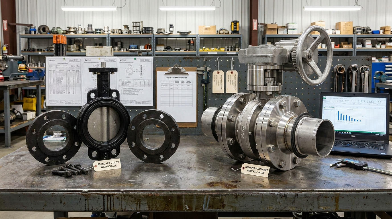 Photorealistic comparison scene for high performance butterfly valve vs butterfly valve showing two industrial butterfly valves beside piping, one resilient-seated standard valve for utility water and one high performance offset valve for tougher process service.