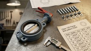 Class 150 butterfly valve bolt chart reference with wafer valve and flange bolts laid out on engineering drawing