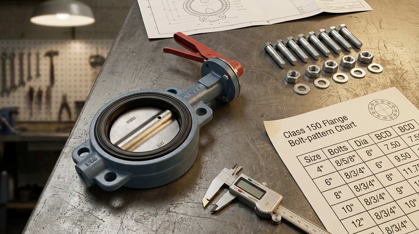 Class 150 butterfly valve bolt chart reference with wafer valve and flange bolts laid out on engineering drawing