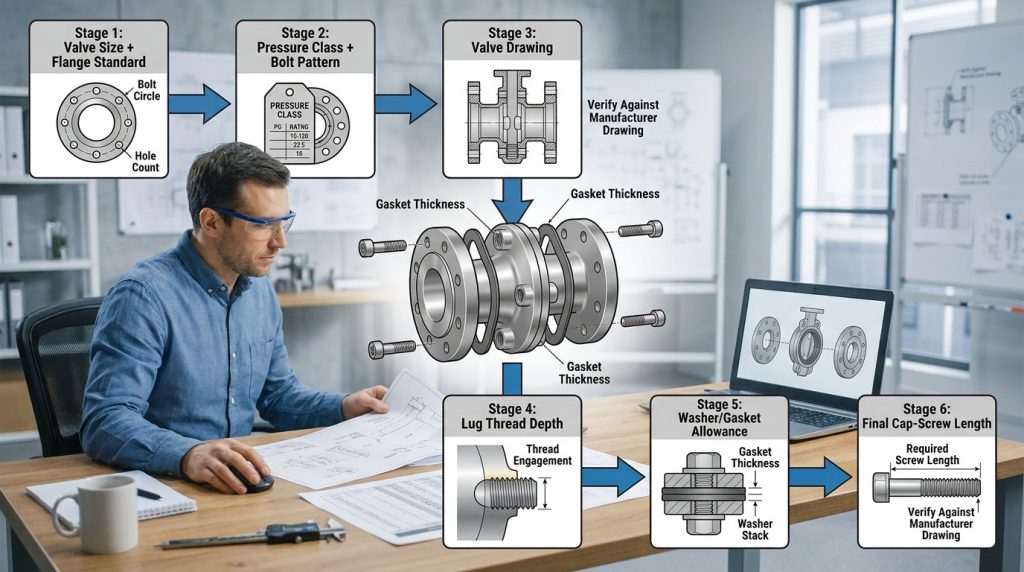 Engineer reading a bolt chart from flange pattern information toward final cap screw selection.