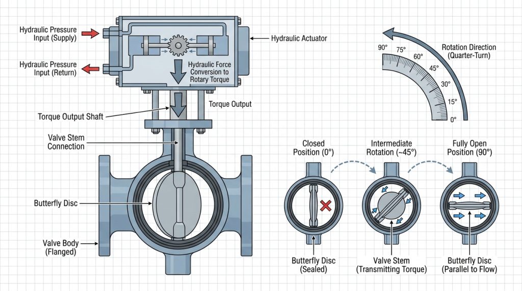 Hydraulic actuator operating mechanism on a butterfly valve showing the conversion of hydraulic pressure into rotary valve movement through the actuator and valve stem connection.