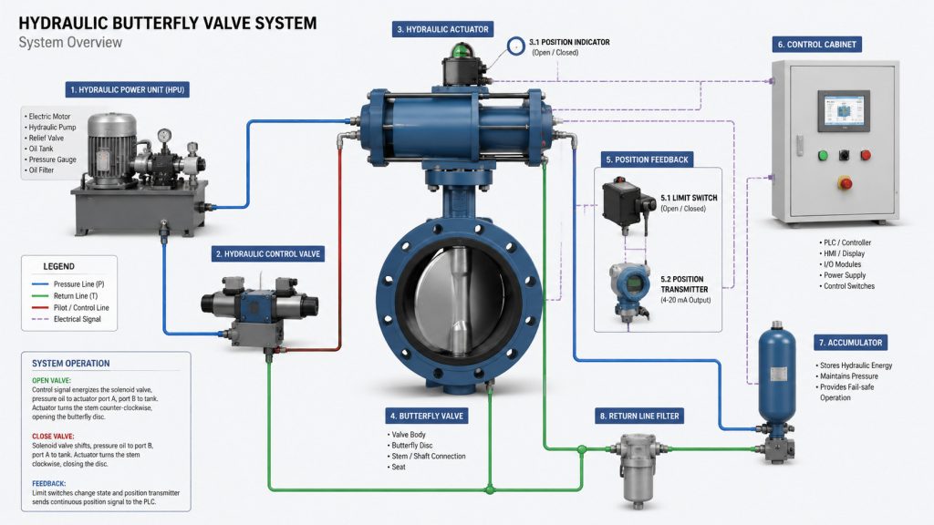 Hydraulic butterfly valve structure with actuator, disc, stem, hydraulic power unit, and control components shown in an engineering overview.