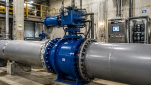 Hydraulic butterfly valve installed in a large industrial pipeline system, showing the real equipment, hydraulic actuator, and controlled flow application environment.