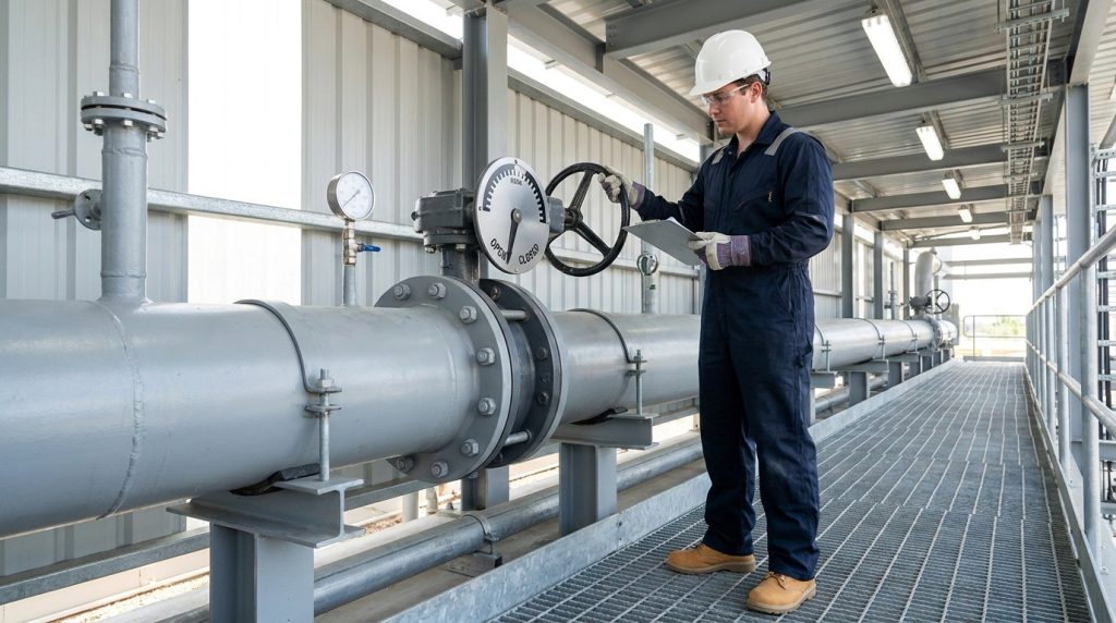 Operator inspecting a butterfly valve installed on a large industrial water line