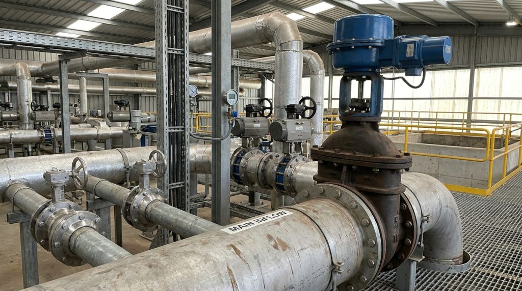Photorealistic industrial facility showing butterfly valves of different sizes installed in pipeline systems for flow control applications.