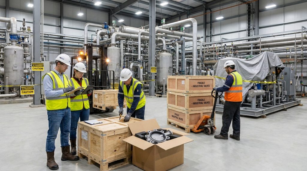 Industrial shutdown response scene with technicians receiving replacement butterfly valves for urgent plant maintenance operations.