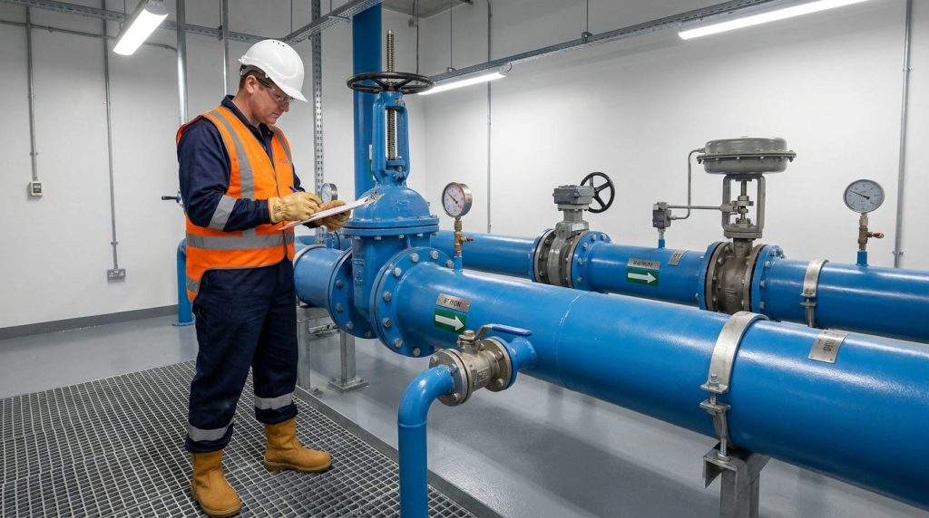 industrial operator inspecting valves on cooling water and utility piping in a plant room