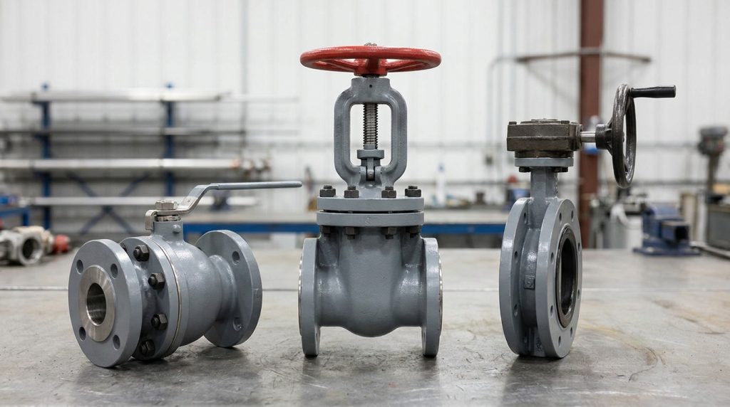 side-by-side industrial ball valve, gate valve, and butterfly valve showing different operators and body shapes