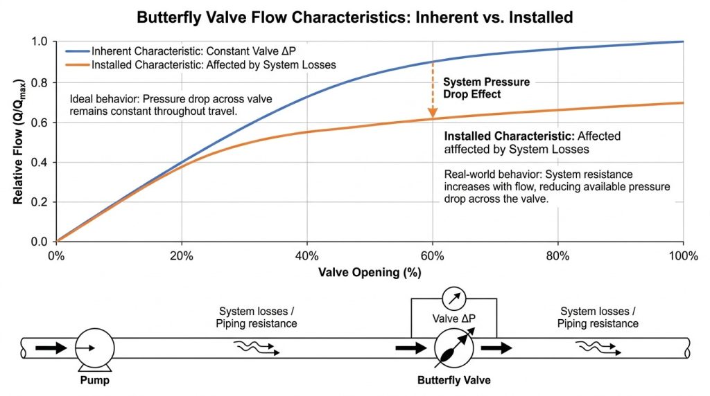 Technical comparison of inherent and installed butterfly valve flow curves with valve pressure drop shown as part of the piping system.