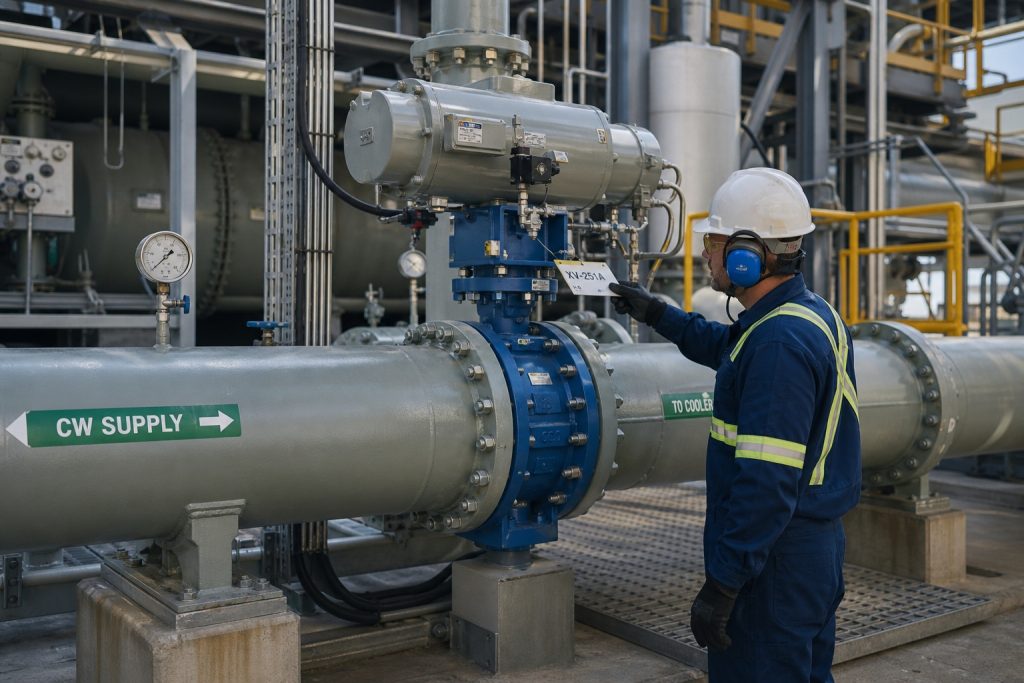 Large butterfly valve installed in a real industrial utility or process piping area with sufficient actuator clearance and accessible maintenance space.
