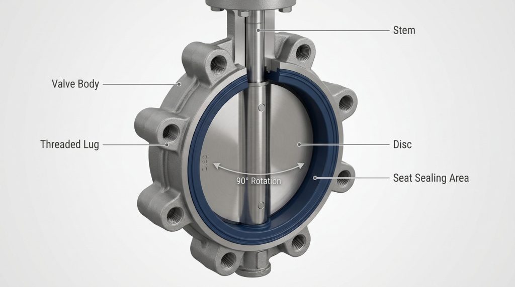 Cross-sectional technical view of a lug body butterfly valve showing the rotating disc, stem shaft, threaded lugs, and sealing seat components inside the valve body.