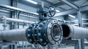 Lug body butterfly valve installed between two industrial pipe flanges in a maintenance-ready piping system.