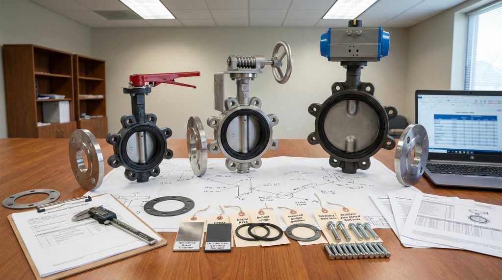 Lug body butterfly valves prepared for specification review with actuator options, material samples, and piping drawings.