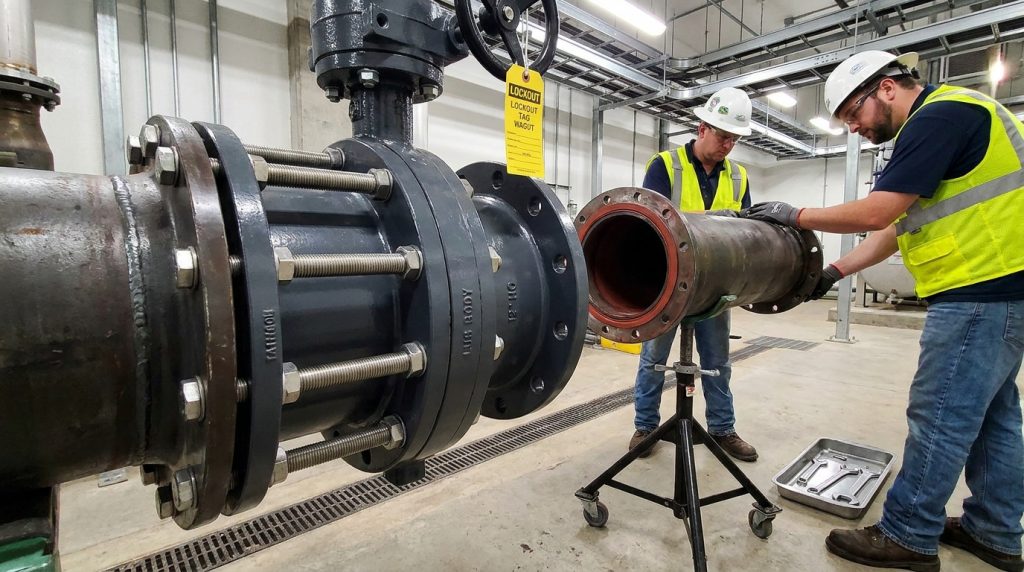 Maintenance technician removing downstream piping while a lug body butterfly valve remains bolted to the upstream flange.