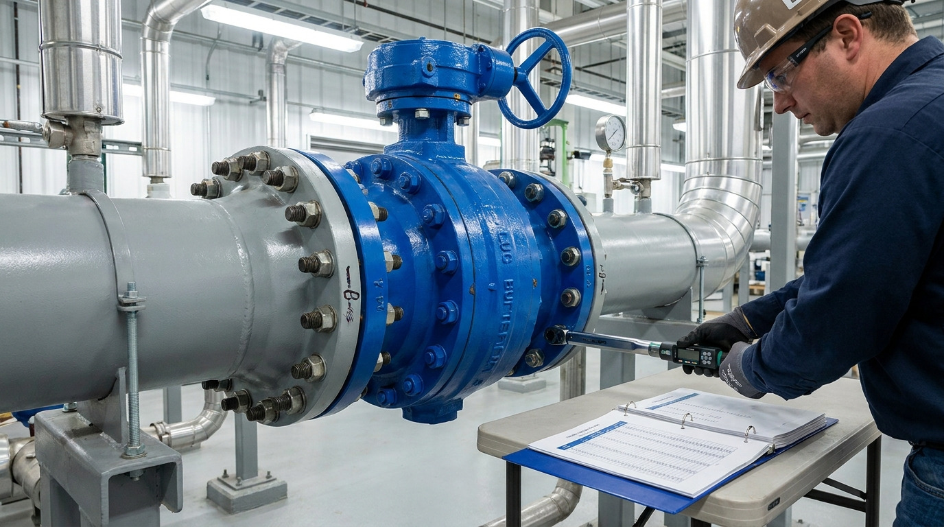 Lug butterfly valve bolt chart used for industrial valve installation with a real lug butterfly valve, flange connection, bolts, and technician checking assembly specifications in a piping facility