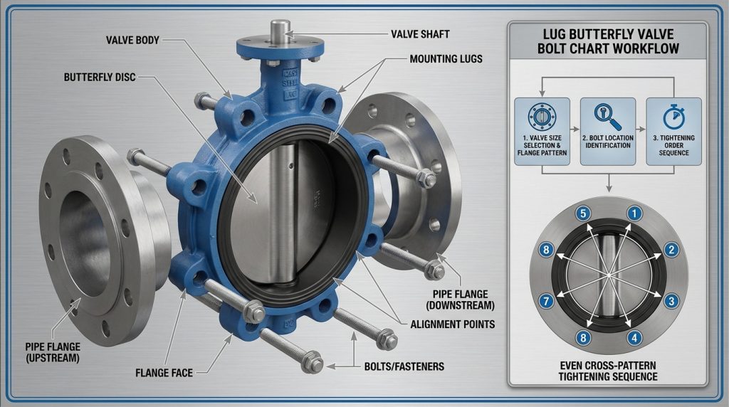 Technical illustration showing how a lug butterfly valve bolt chart connects valve size, flange connection points, bolt locations, and torque application sequence