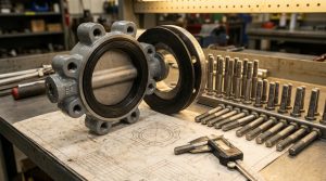 A lug butterfly valve bolt chart being checked beside a real lug butterfly valve, ASME flange, cap screws, and an engineering drawing on an industrial workbench.