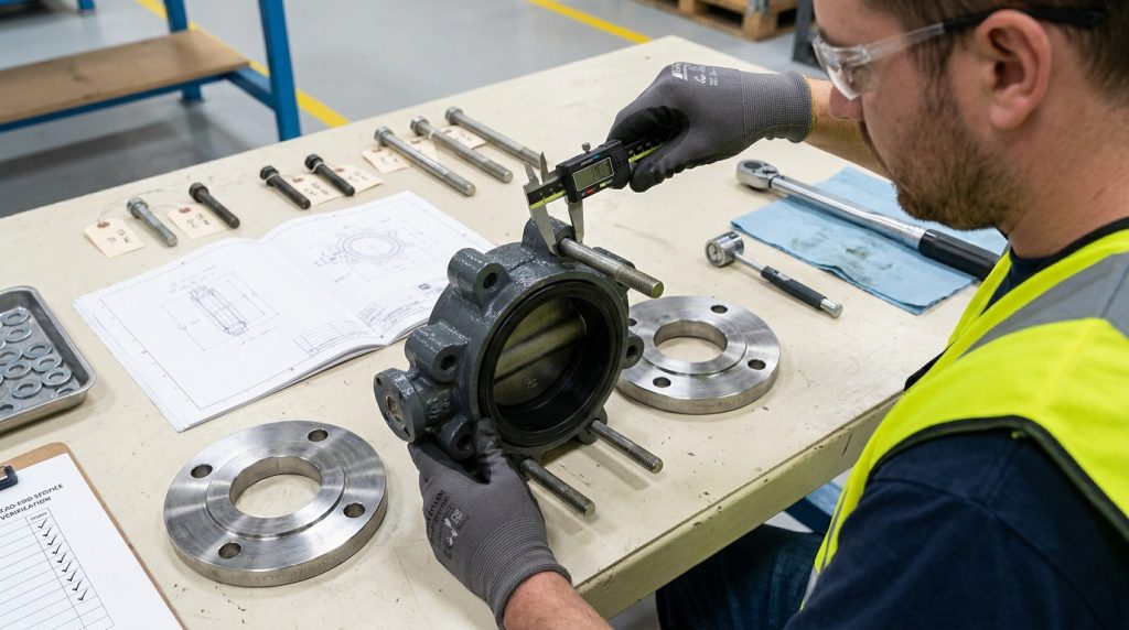 Technician checking bolt length and thread engagement on a lug butterfly valve before dead-end service approval.