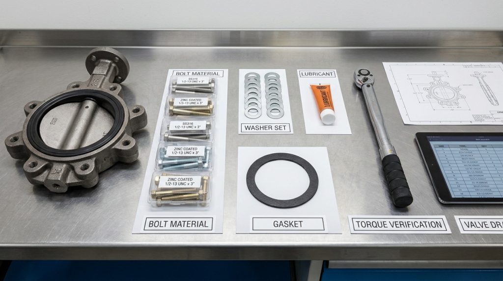Bolting materials, gasket, lubricant, and valve drawing prepared for lug butterfly valve installation review.