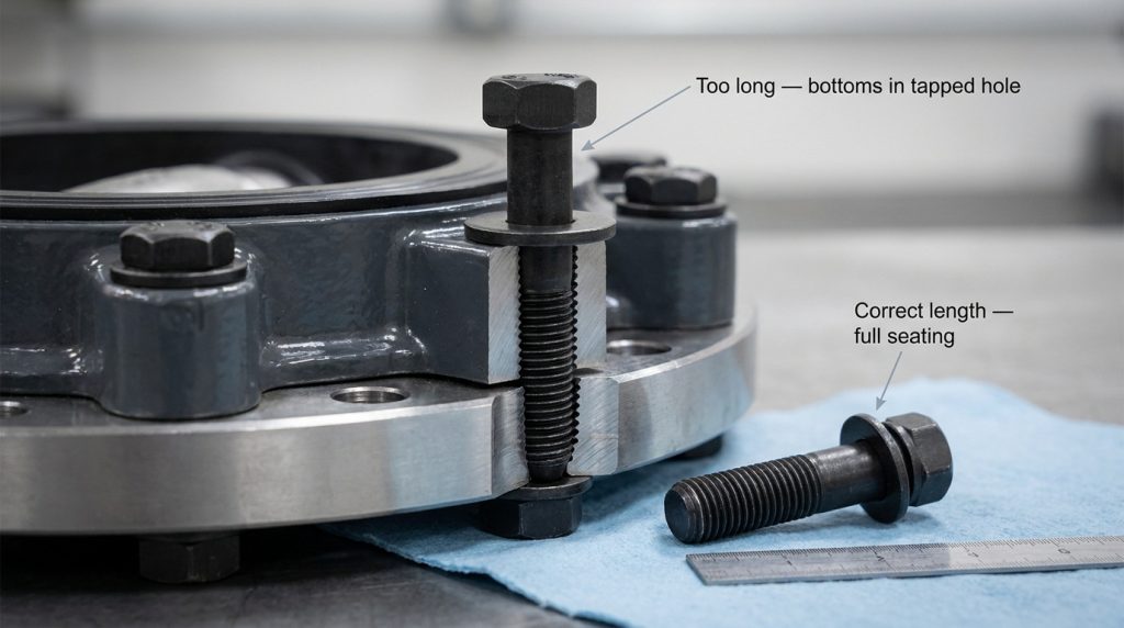 Bottomed-out cap screw in a tapped lug of a butterfly valve showing incorrect bolt length mistake