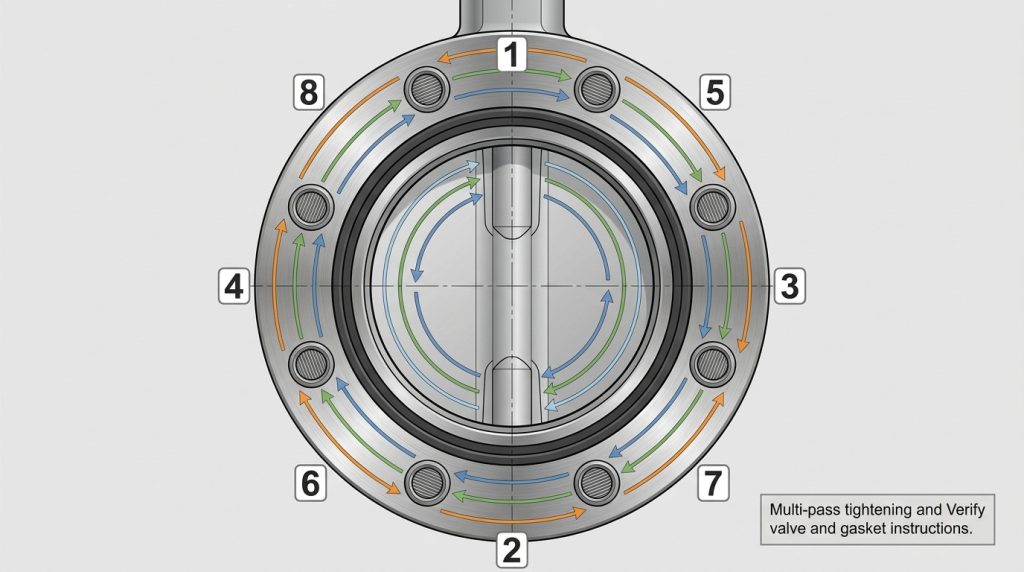 Cross-pattern multi-pass tightening sequence on a lug butterfly valve flange assembly.