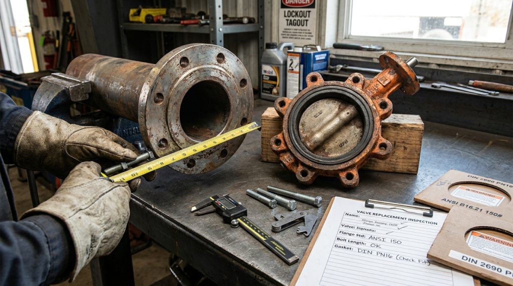 Installer inspecting an older lug butterfly valve replacement where flange standard, corrosion, and bolt length must be checked.