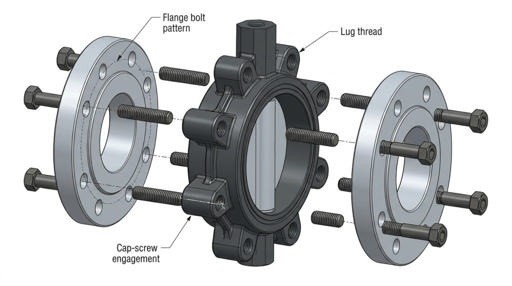Threaded body lugs on a lug butterfly valve showing separate cap screws entering from each flange side.