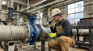 Lug style butterfly valve bolt chart shown with an industrial butterfly valve installation scene, featuring a real lug style butterfly valve, flange connections, fasteners, and maintenance equipment in a pipeline facility.