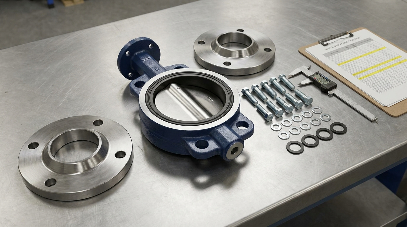A lug style butterfly valve bolt chart beside a real lug butterfly valve, matching bolts, gasket, and pipe flanges on an industrial workbench.