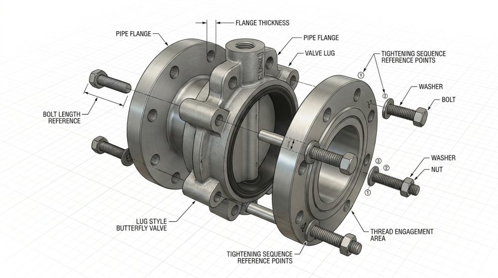 Technical illustration showing how a lug style butterfly valve bolt chart connects valve size, flange thickness, bolt length, and tightening requirements for correct installation.